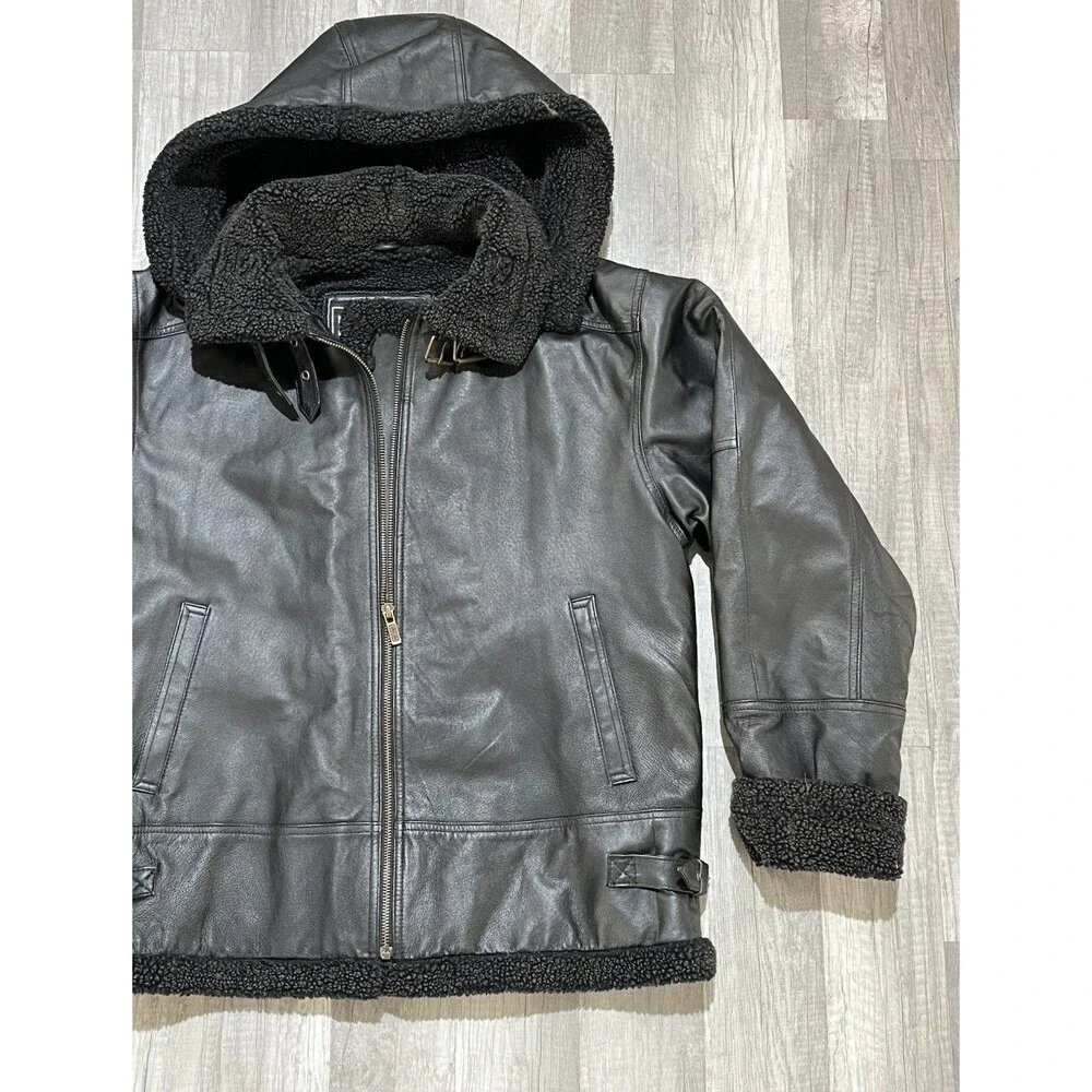 Leather Limited Mens XL Black Leather Sherpa Lined Hooded Bomber Jacket Aviator